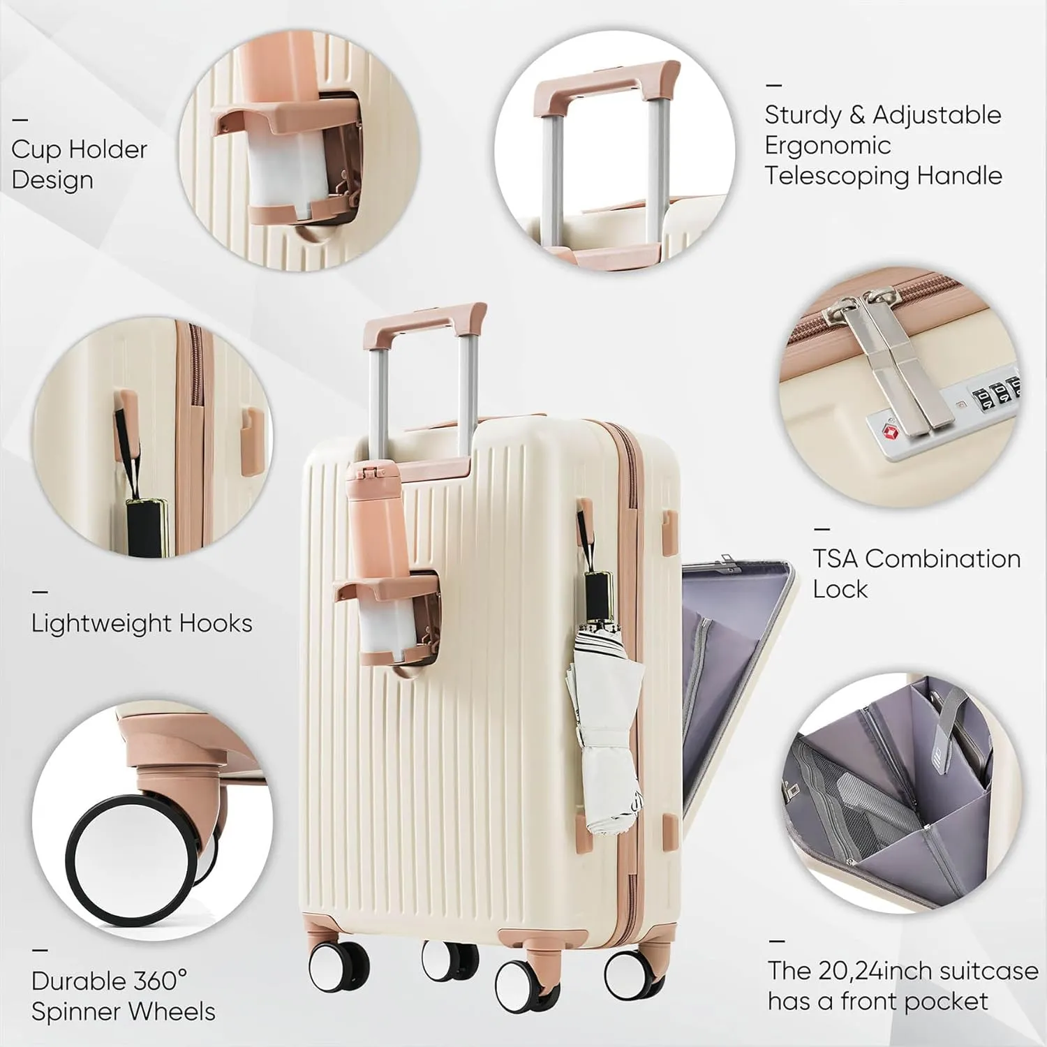 Carry-On Luggage with USB Port, Suitcases with Wheels, 20" Luggage Sets with Expandable Travel Bag and Cup Holder, Suitcase with ABS Lock, Airline Approved Carryon Suitcase for Women, Men, (Ivory)