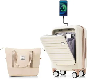 Carry-On Luggage with USB Port, Suitcases with Wheels, 20" Luggage Sets with Expandable Travel Bag and Cup Holder, Suitcase with ABS Lock, Airline Approved Carryon Suitcase for Women, Men, (Ivory)