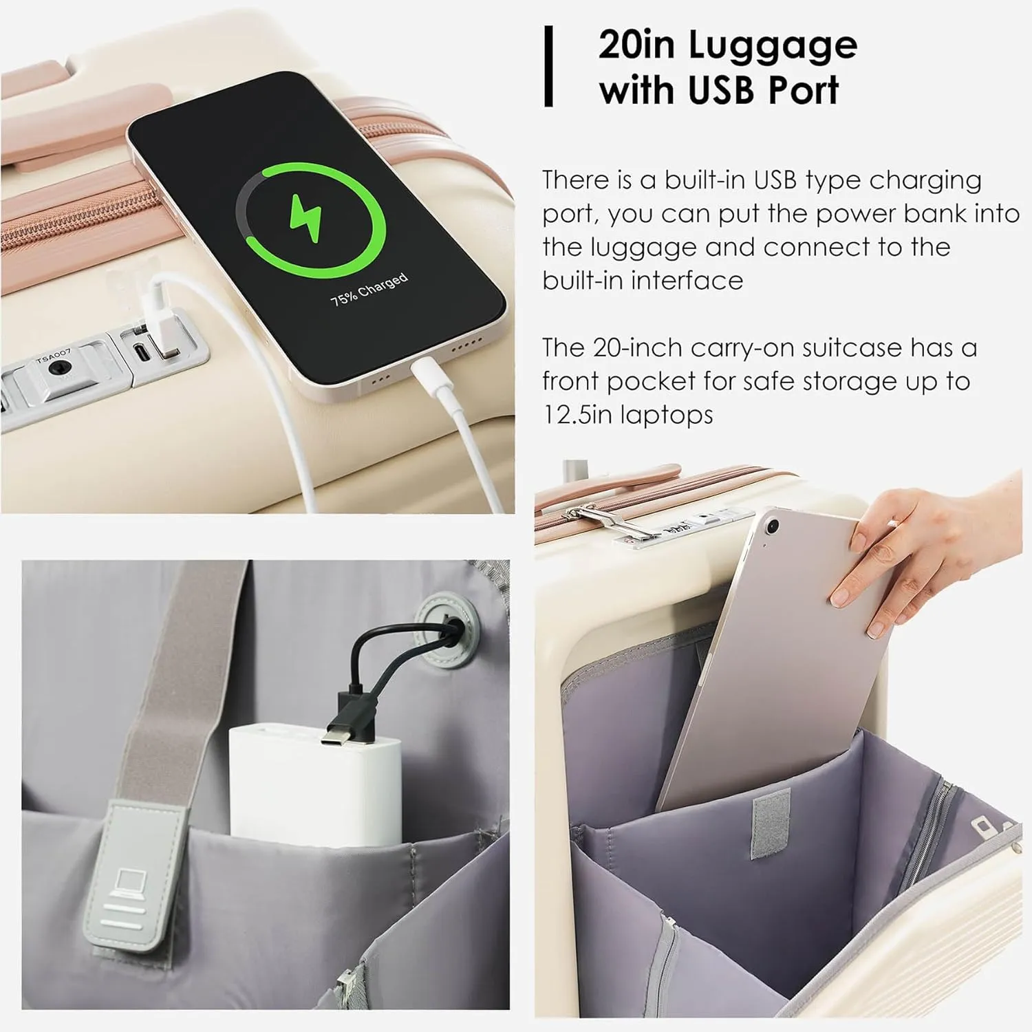 Carry-On Luggage with USB Port, Suitcases with Wheels, 20" Luggage Sets with Expandable Travel Bag and Cup Holder, Suitcase with ABS Lock, Airline Approved Carryon Suitcase for Women, Men, (Ivory)