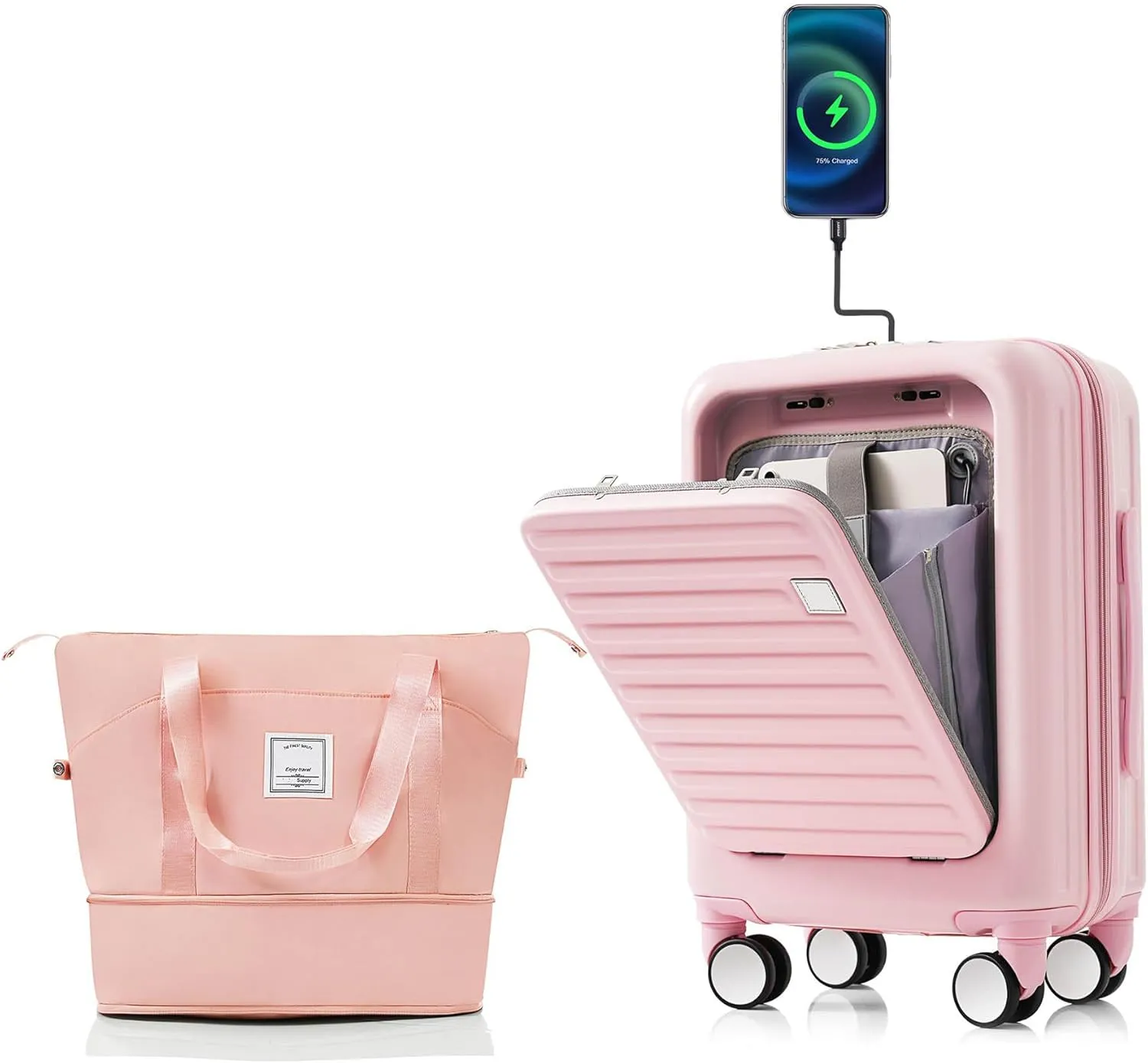 Carry-On Luggage with USB Port, Suitcases with Wheels, 20" Luggage Sets with Expandable Travel Bag and Cup Holder, Suitcase with ABS Lock, Airline Approved Carryon Suitcase for Women, Men, (Pink)