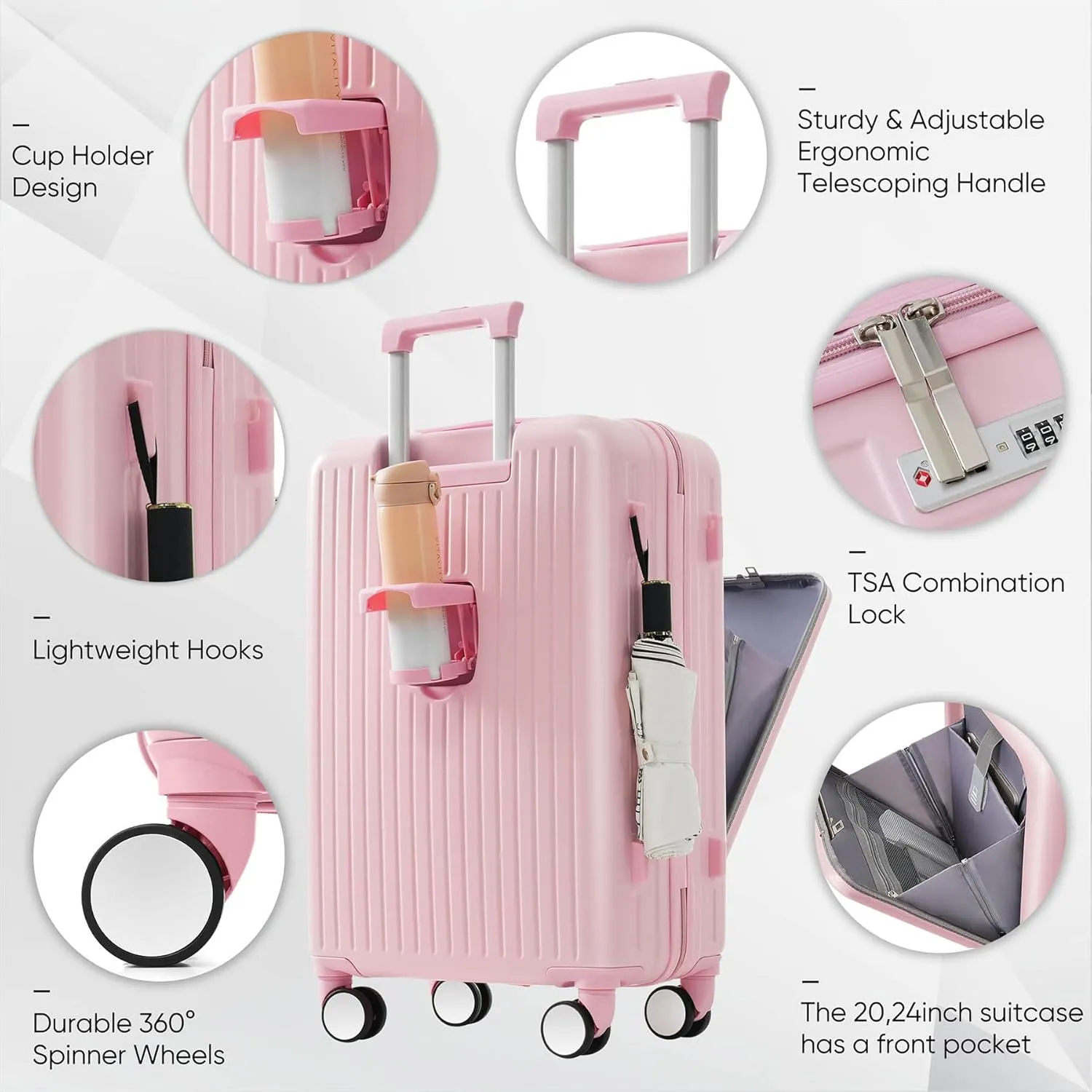 Carry-On Luggage with USB Port, Suitcases with Wheels, 20" Luggage Sets with Expandable Travel Bag and Cup Holder, Suitcase with ABS Lock, Airline Approved Carryon Suitcase for Women, Men, (Pink)