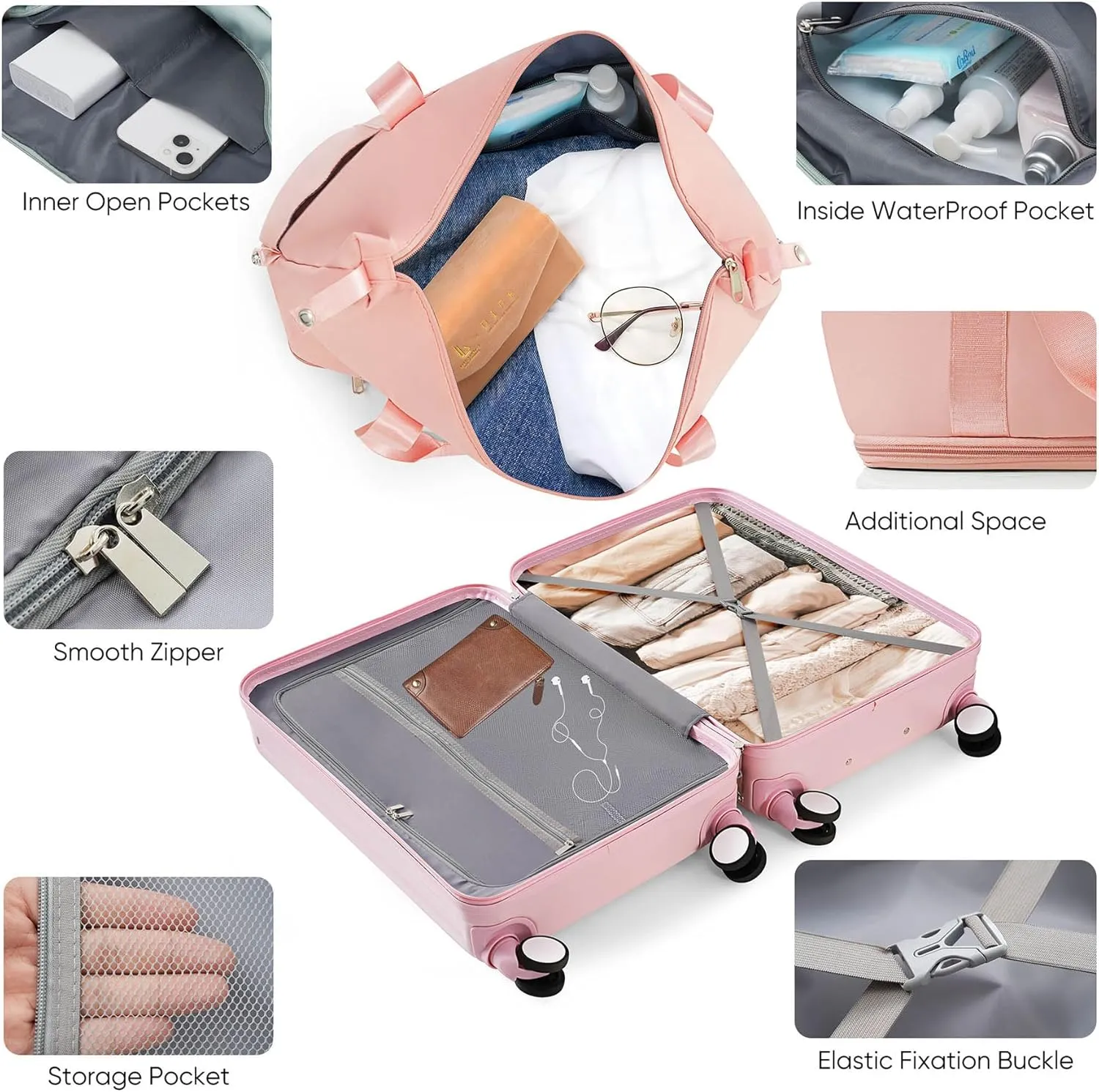 Carry-On Luggage with USB Port, Suitcases with Wheels, 20" Luggage Sets with Expandable Travel Bag and Cup Holder, Suitcase with ABS Lock, Airline Approved Carryon Suitcase for Women, Men, (Pink)