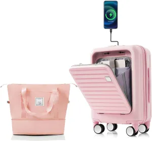 Carry-On Luggage with USB Port, Suitcases with Wheels, 20" Luggage Sets with Expandable Travel Bag and Cup Holder, Suitcase with ABS Lock, Airline Approved Carryon Suitcase for Women, Men, (Pink)