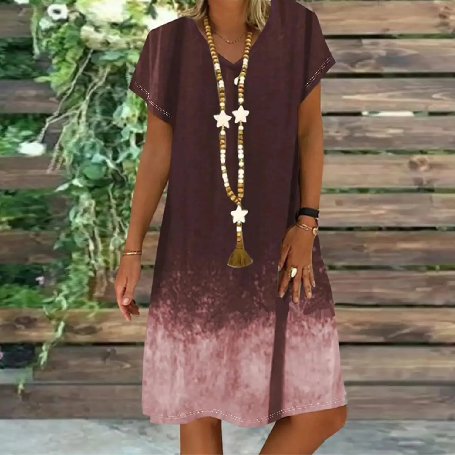 Casual Summer Dresses for Women 2025,Women's Beach Vacation T-Shirt Dress Plus Size V Neck Short Sleeve Midi Dresses