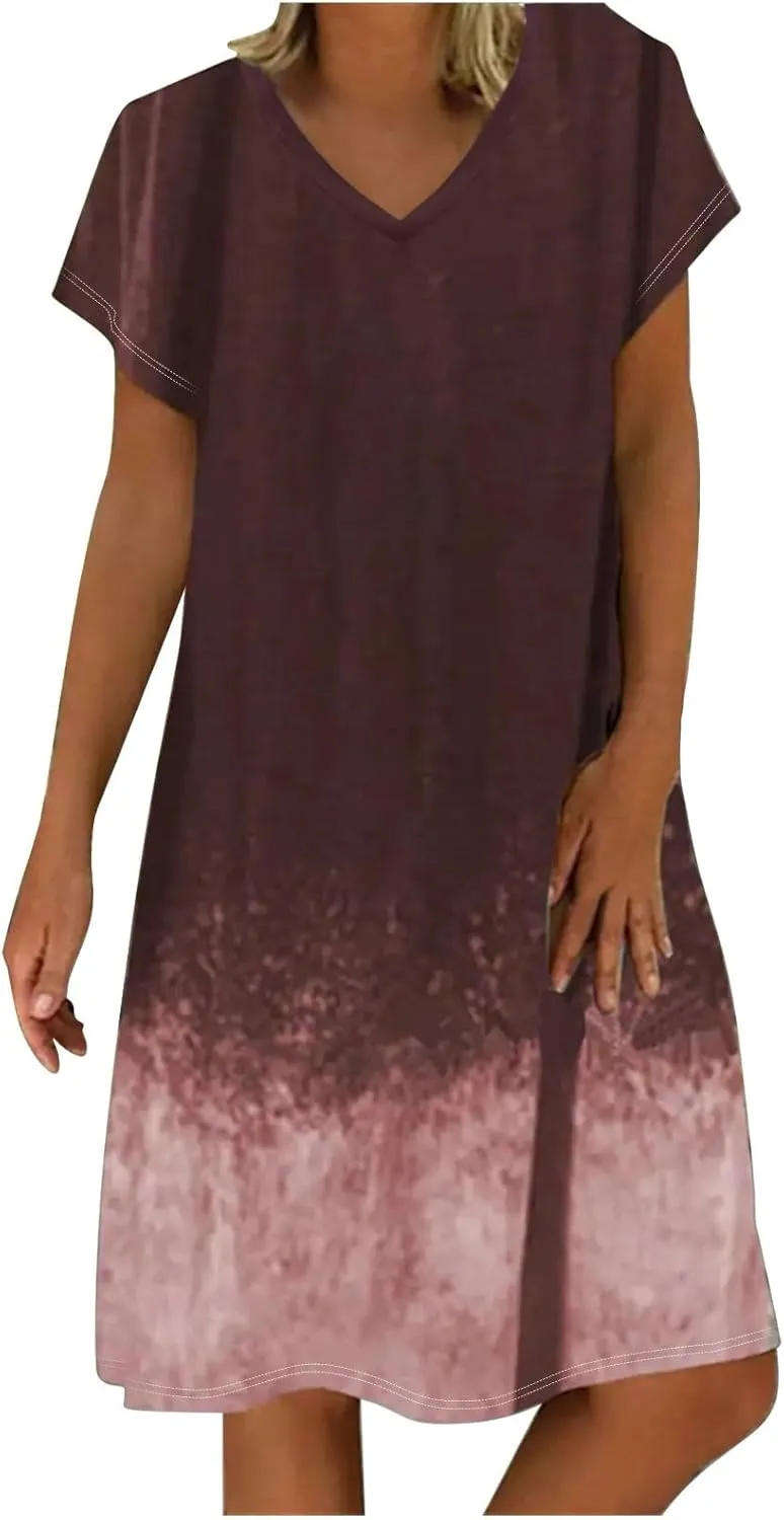 Casual Summer Dresses for Women 2025,Women's Beach Vacation T-Shirt Dress Plus Size V Neck Short Sleeve Midi Dresses