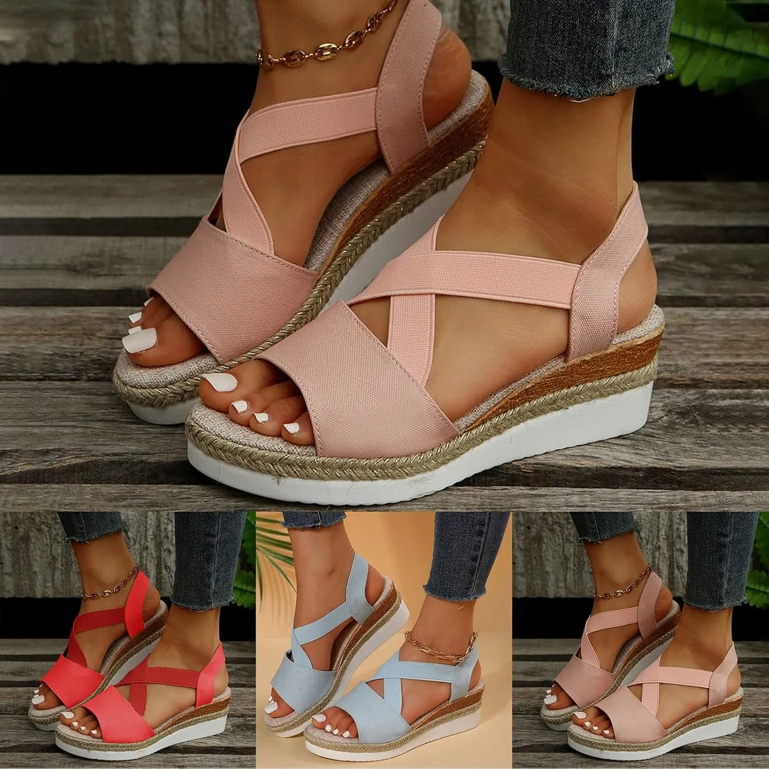 Cathalem Orthopedic Platform Wedge Sandals for Women Open Toe Ankle Strap Espadrilles Sandals Casual Strappy Slip on Sandals