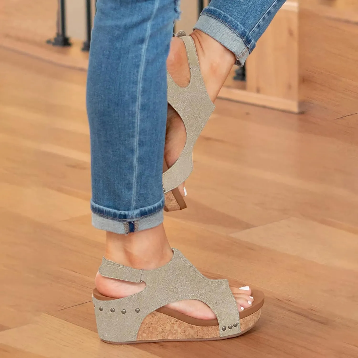 Cathalem Womens Wedge Orthopedic Sandals Summer Platform Cork Wedges Espadrille Heel Strappy Leather Arch Support Sandals