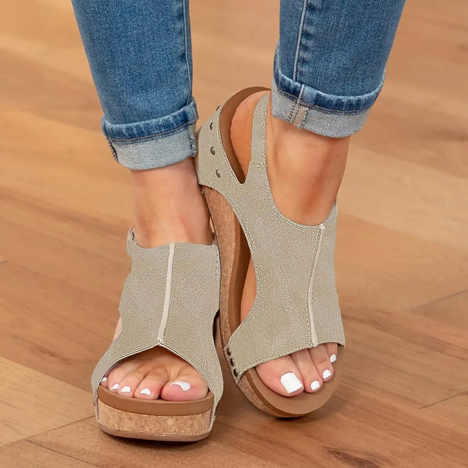 Cathalem Womens Wedge Orthopedic Sandals Summer Platform Cork Wedges Espadrille Heel Strappy Leather Arch Support Sandals