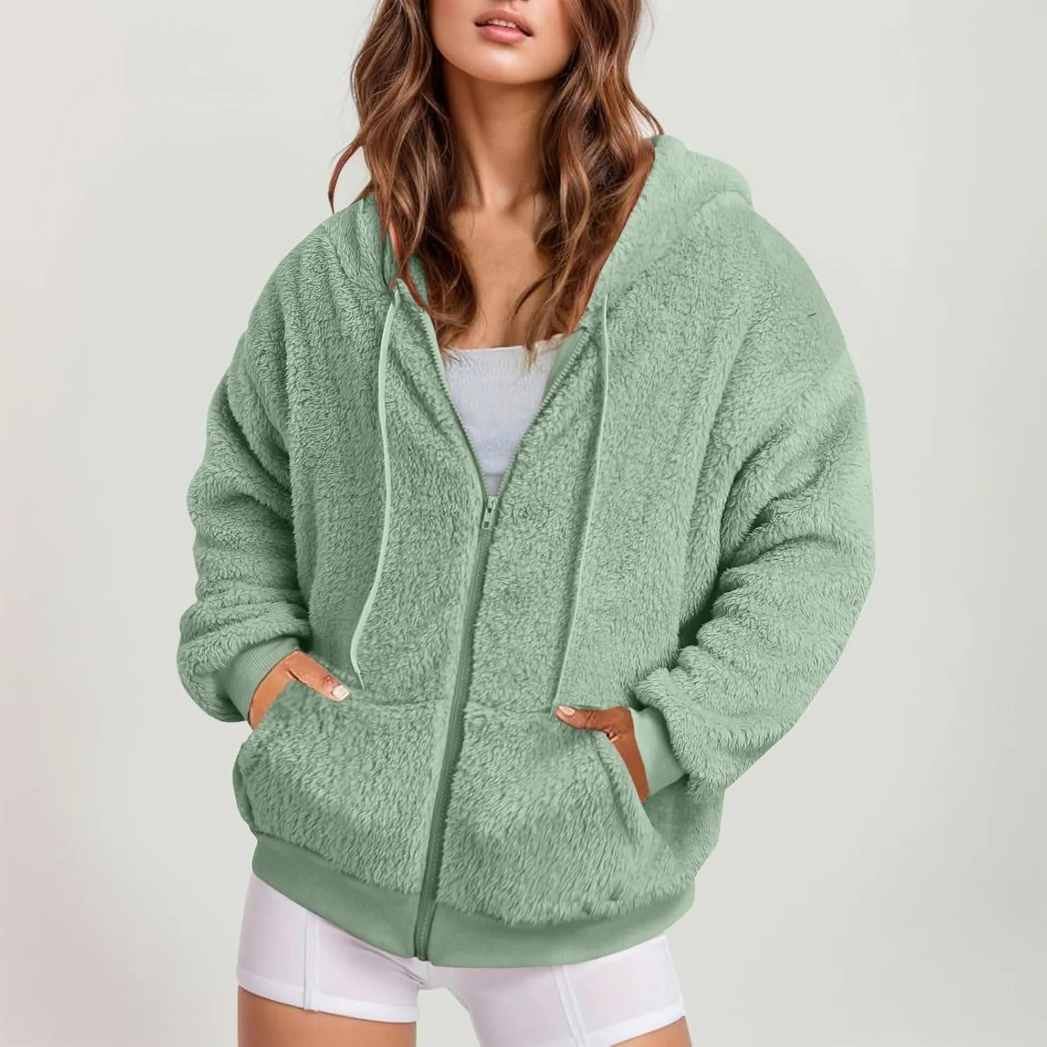Ceboyel Women Fuzzy Fleece Jacket Faux Shearling Oversized Hoodie Coats Full Zip Up Hooded Teddy Coat Trendy Winter Outwear
