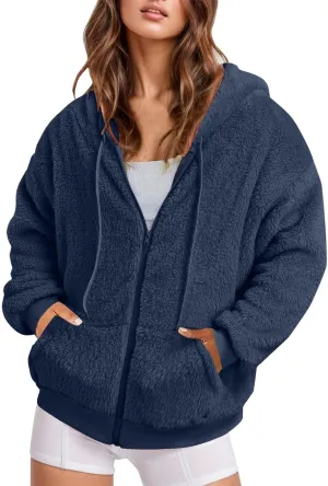 Ceboyel Women Fuzzy Fleece Jacket Faux Shearling Oversized Hoodie Coats Full Zip Up Hooded Teddy Coat Trendy Winter Outwear