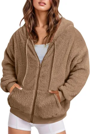 Ceboyel Women Fuzzy Fleece Jacket Faux Shearling Oversized Hoodie Coats Full Zip Up Hooded Teddy Coat Trendy Winter Outwear