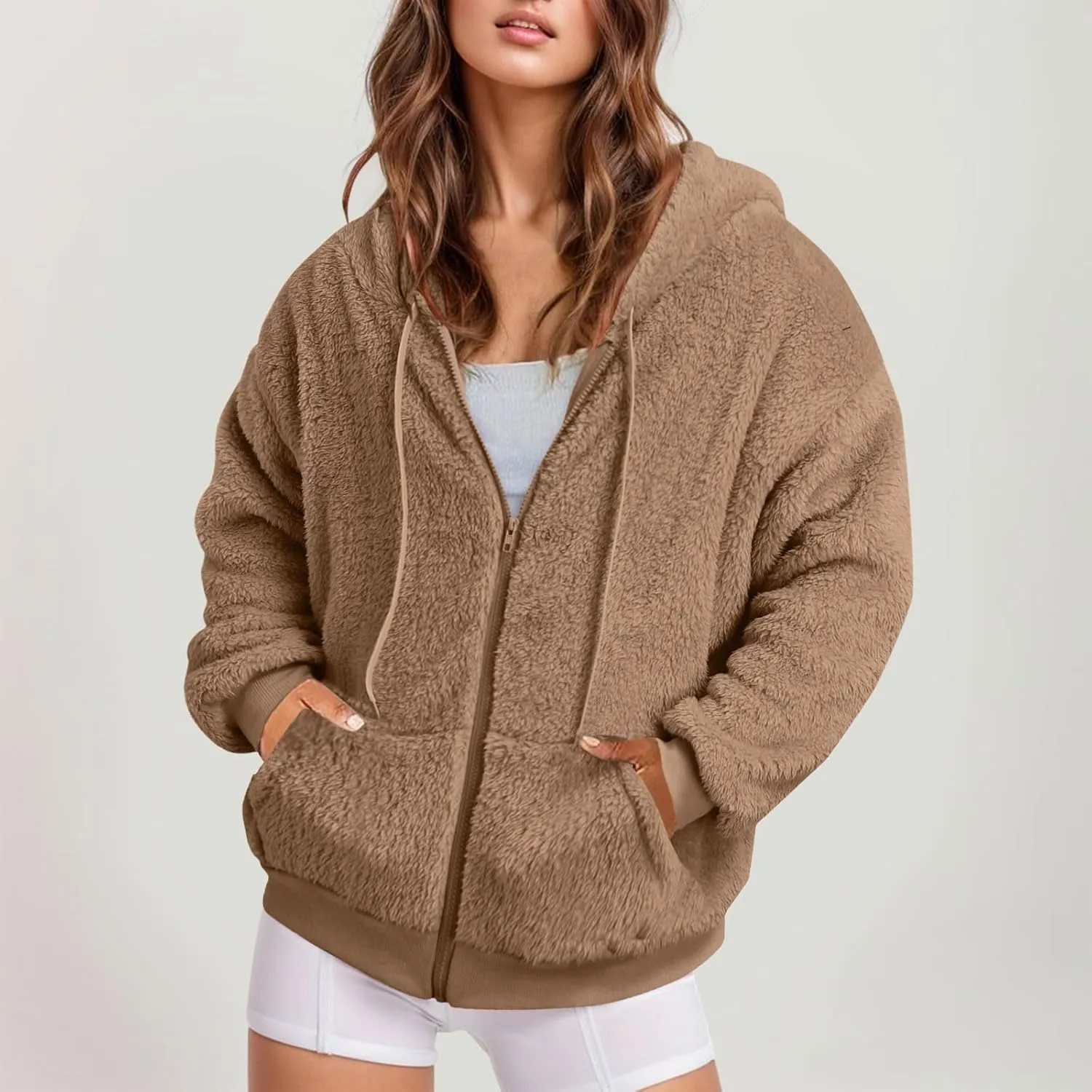 Ceboyel Women Fuzzy Fleece Jacket Faux Shearling Oversized Hoodie Coats Full Zip Up Hooded Teddy Coat Trendy Winter Outwear