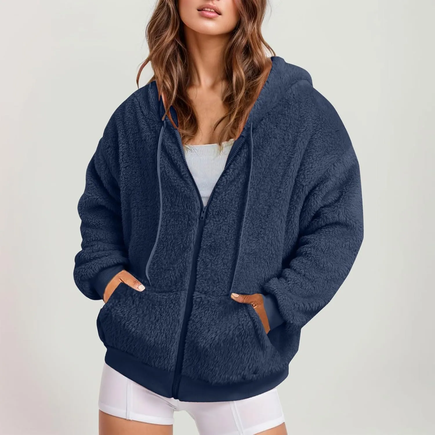 Ceboyel Women Fuzzy Fleece Jacket Faux Shearling Oversized Hoodie Coats Full Zip Up Hooded Teddy Coat Trendy Winter Outwear
