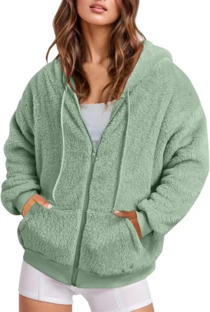 Ceboyel Women Fuzzy Fleece Jacket Faux Shearling Oversized Hoodie Coats Full Zip Up Hooded Teddy Coat Trendy Winter Outwear
