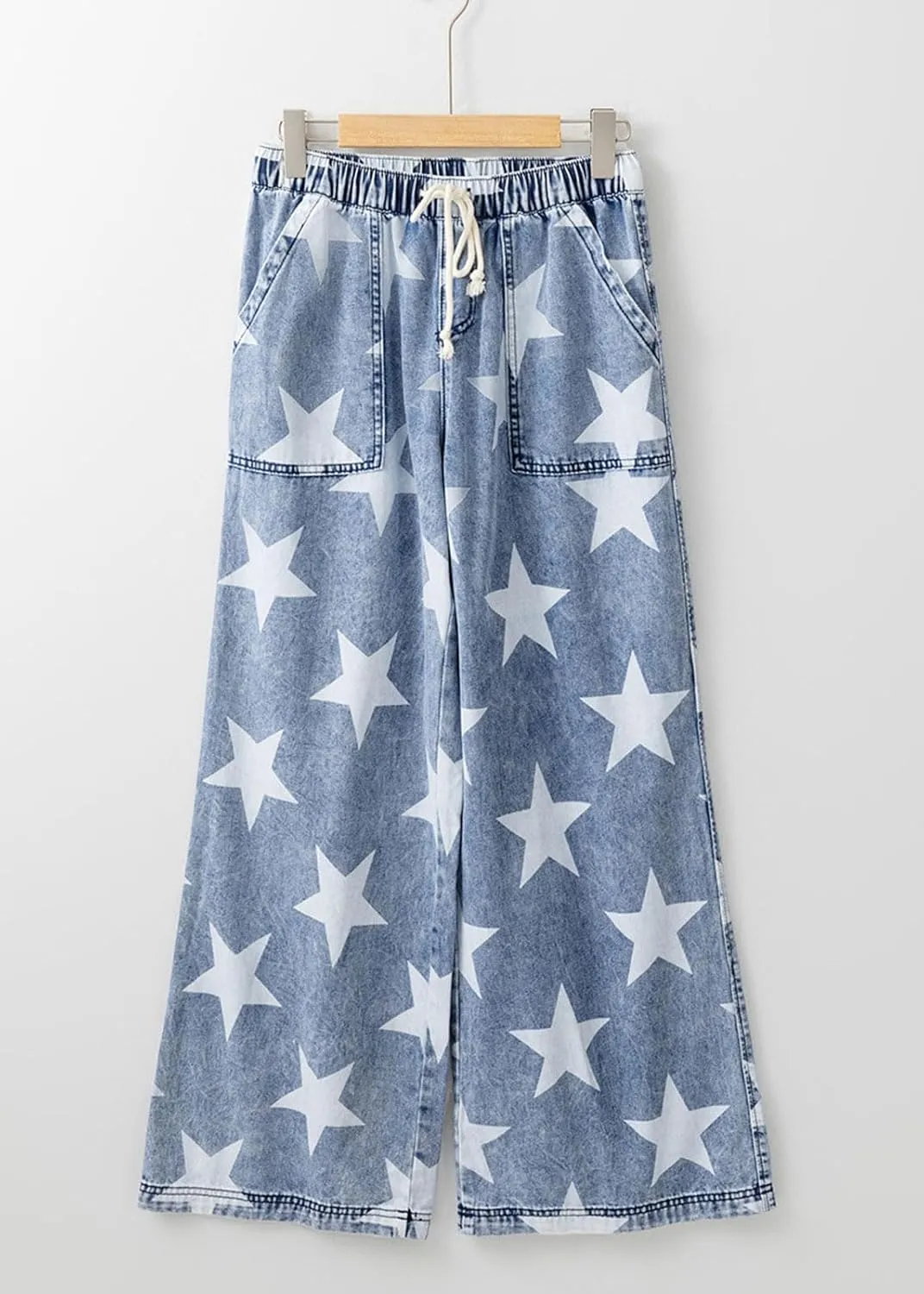 CHARTOU Women Baggy Wide Leg Drawstring Jeans Flare Elastic High Waist Star Printed Jeans Loose Denim Pants