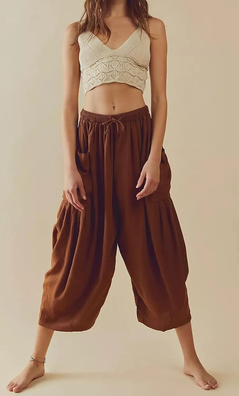 CHARTOU Women Casual Elastic Waist Cargo Harem Pants Capris Ruffle Cropped Lantern Pants Summer Culottes