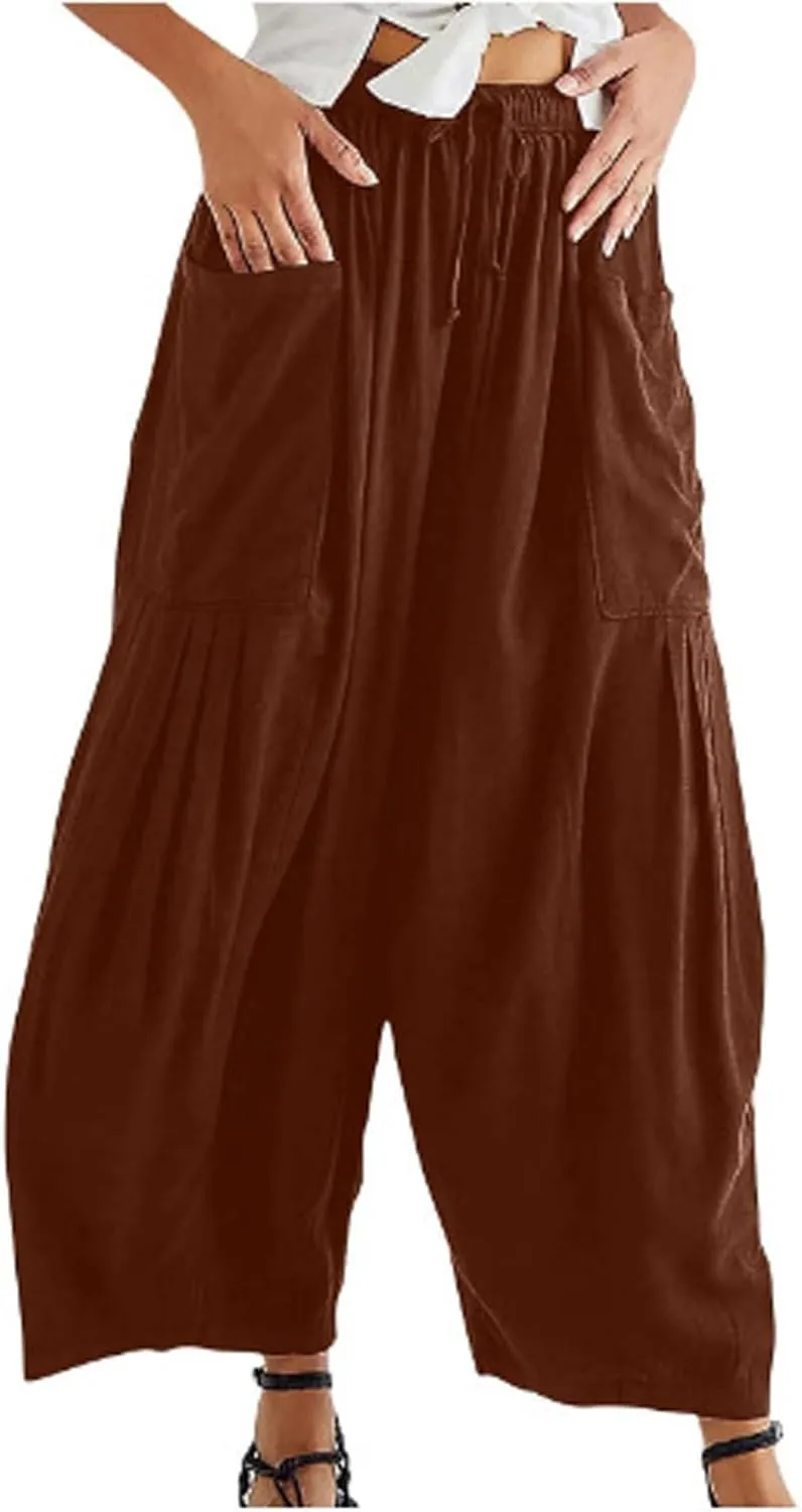 CHARTOU Women Casual Elastic Waist Cargo Harem Pants Capris Ruffle Cropped Lantern Pants Summer Culottes