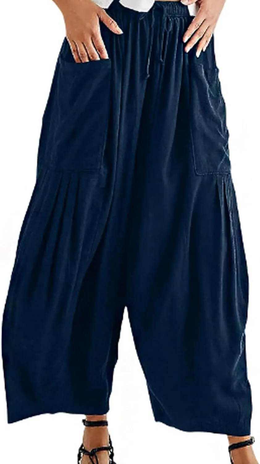 CHARTOU Women Casual Elastic Waist Cargo Harem Pants Capris Ruffle Cropped Lantern Pants Summer Culottes