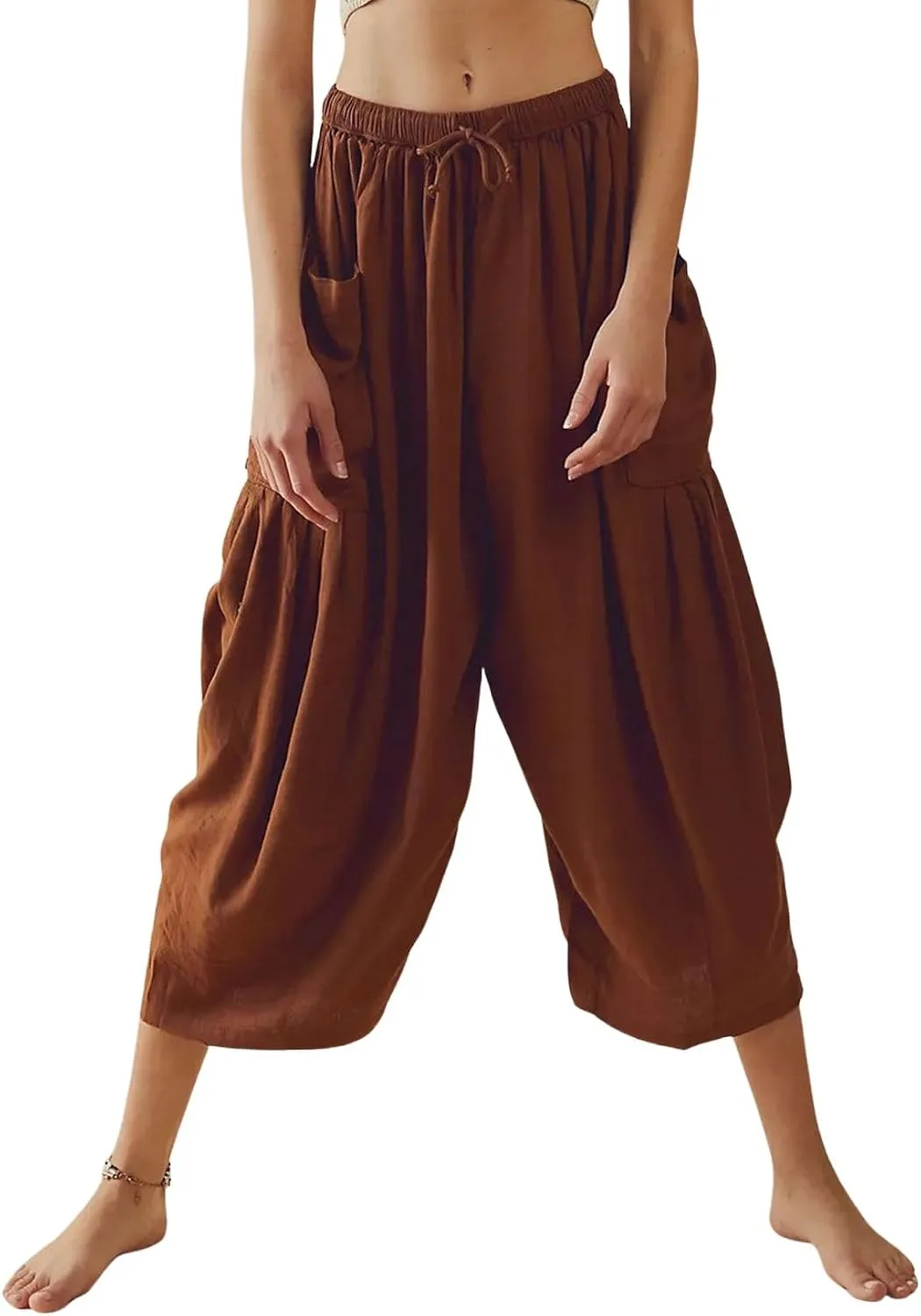 CHARTOU Women Casual Elastic Waist Cargo Harem Pants Capris Ruffle Cropped Lantern Pants Summer Culottes