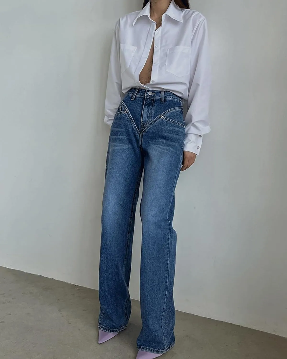 CHARTOU Women's Elegant Wide Leg Jeans High Waist Patchwork Denim Pants Long Jeans Trouser Pant with Pockets