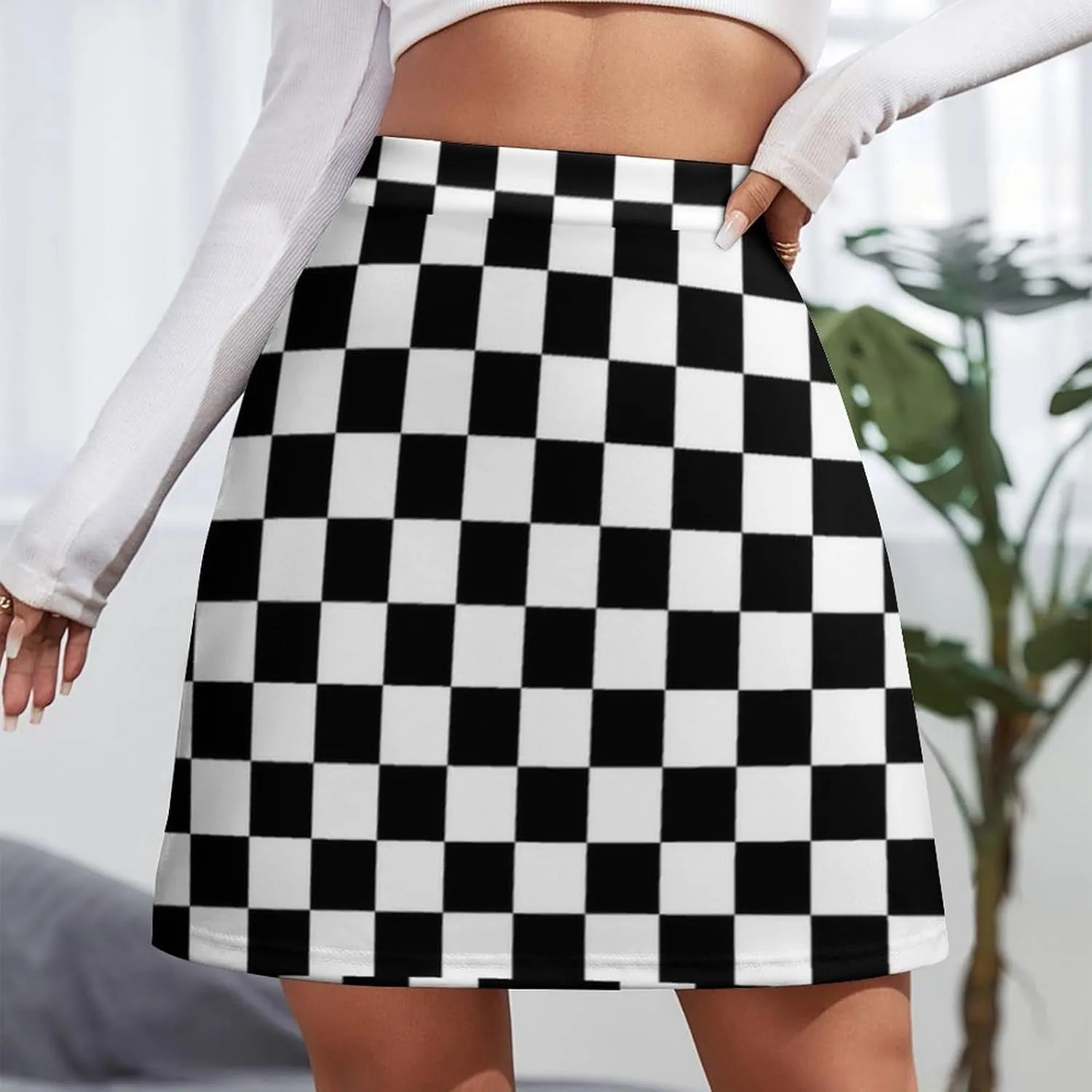 Checkered Print Short Bottoms Women Short Skirt High Waisted Stretchy Athletic Skorts Business Casual Sexy Minis