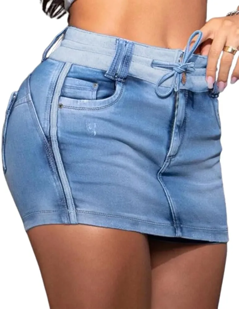 CHICME Women's Casual Denim Skirt Built-in Short Jean Denim Skirt Ripped Drawstring Denim Skorts