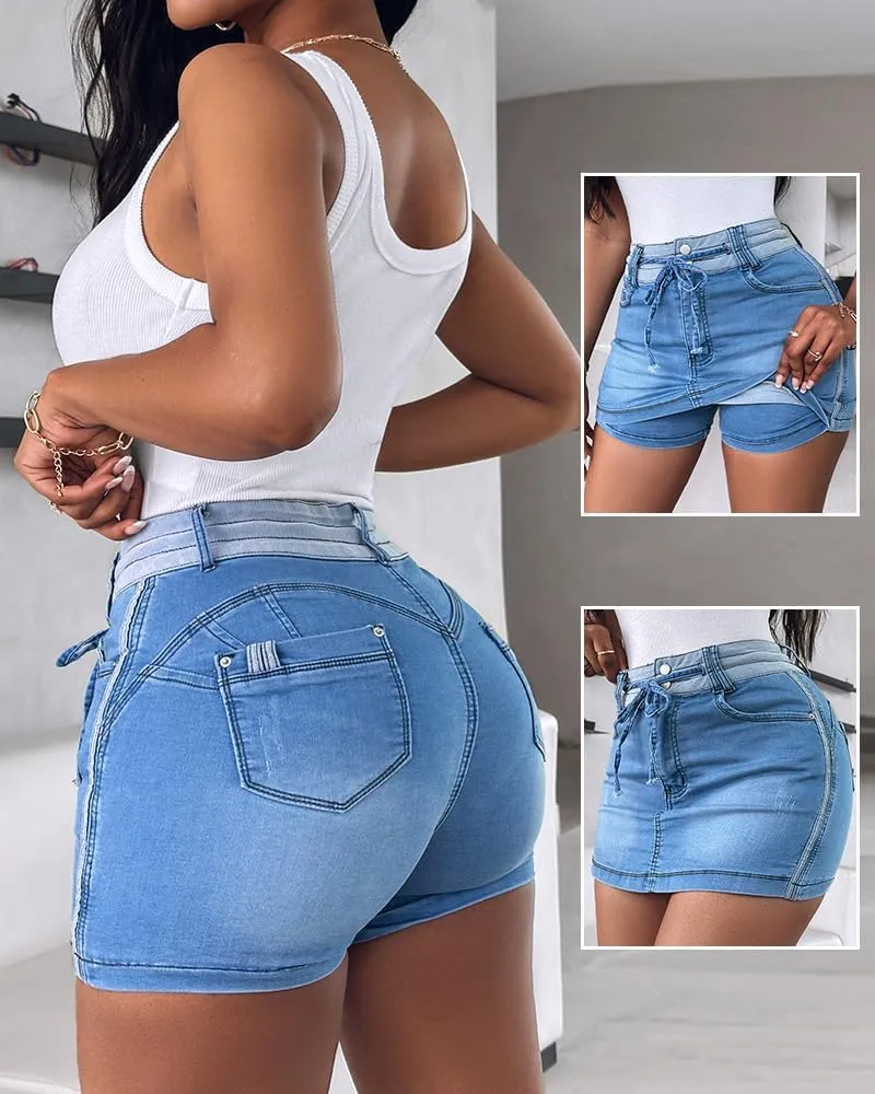 CHICME Women's Casual Denim Skirt Built-in Short Jean Denim Skirt Ripped Drawstring Denim Skorts