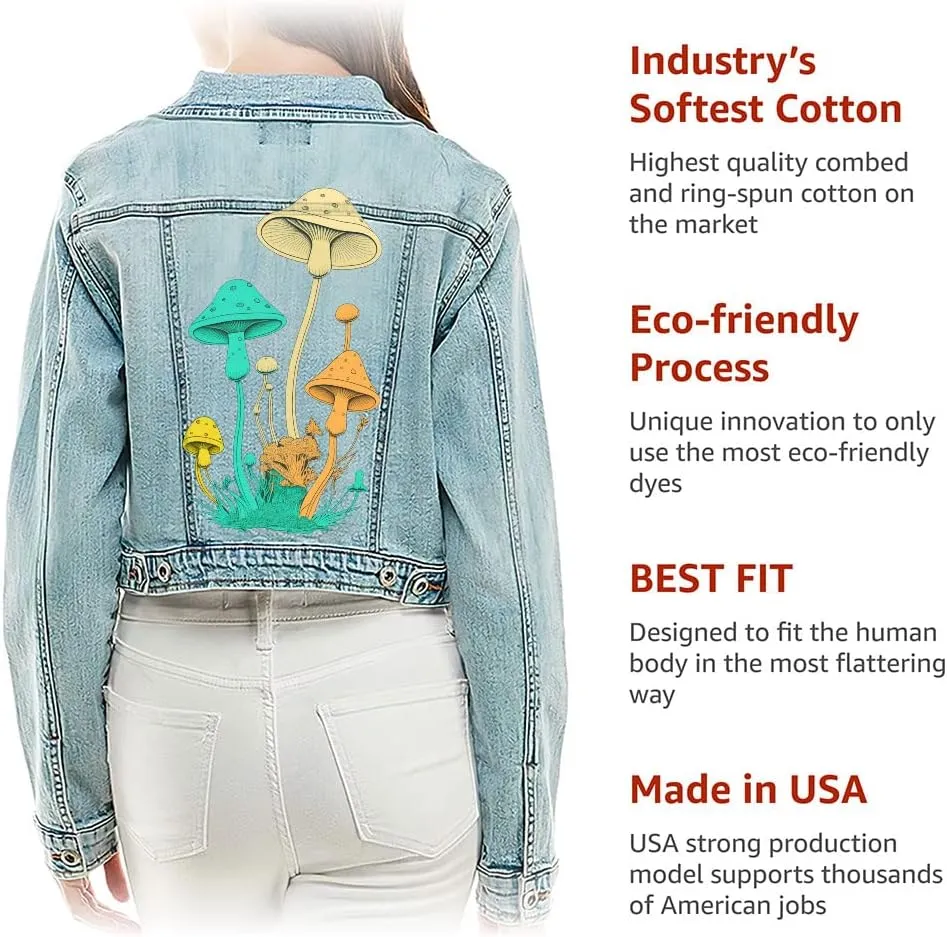 Colorful Mushrooms Cropped Ladies Denim Jacket - Magic Women's Denim Jacket - Simple Printed Denim Jacket