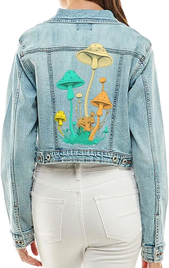 Colorful Mushrooms Cropped Ladies Denim Jacket - Magic Women's Denim Jacket - Simple Printed Denim Jacket