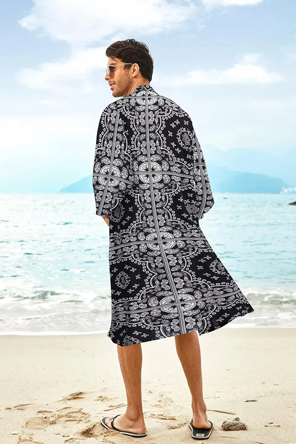 COOFANDY Men's Lightweight Kimono Robe Jacket Printed Japanese Style Bathrobes Casual Open Front Long Cardigan Coat Outwear