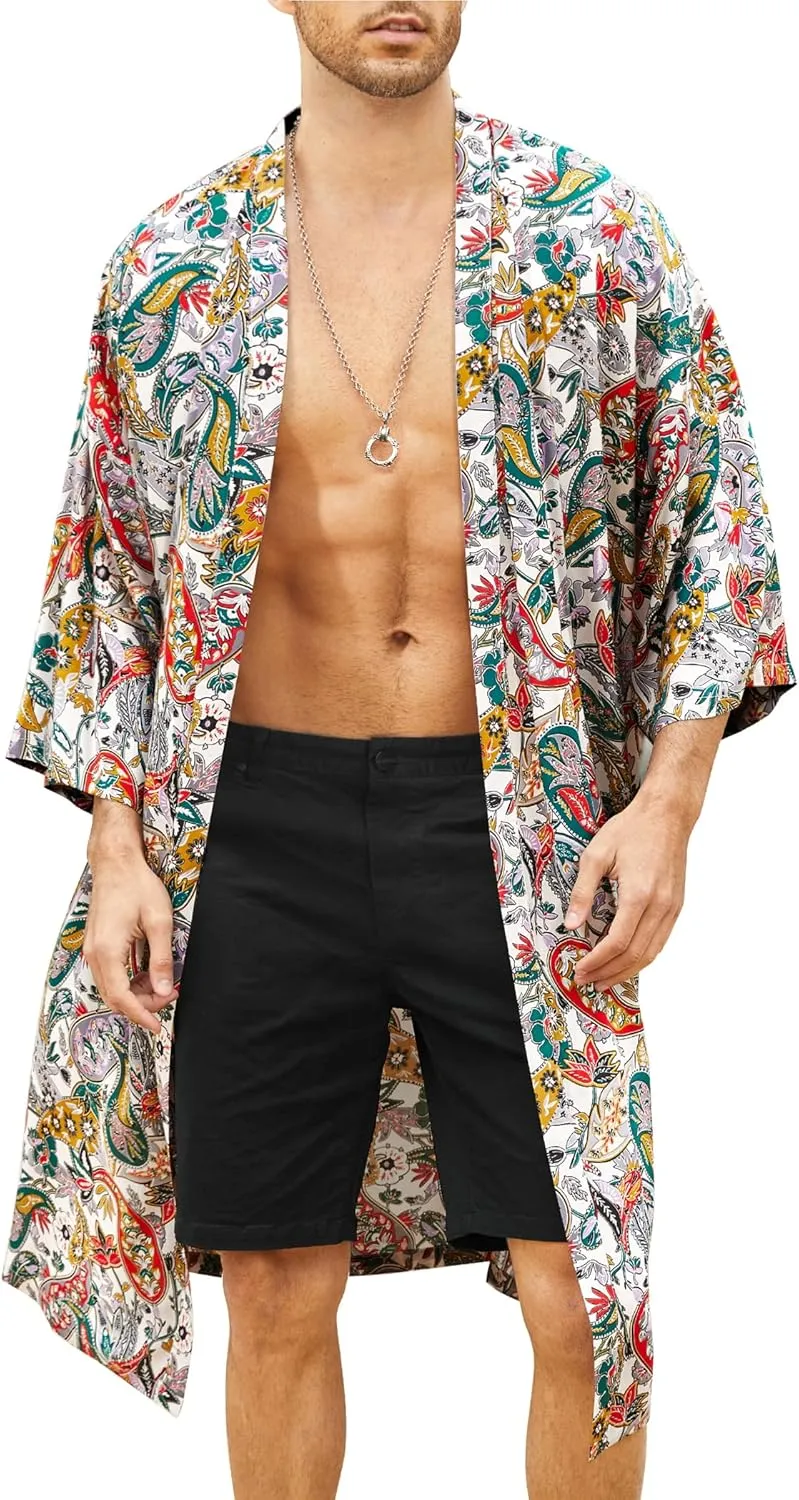 COOFANDY Men's Lightweight Kimono Robe Jacket Printed Japanese Style Bathrobes Casual Open Front Long Cardigan Coat Outwear