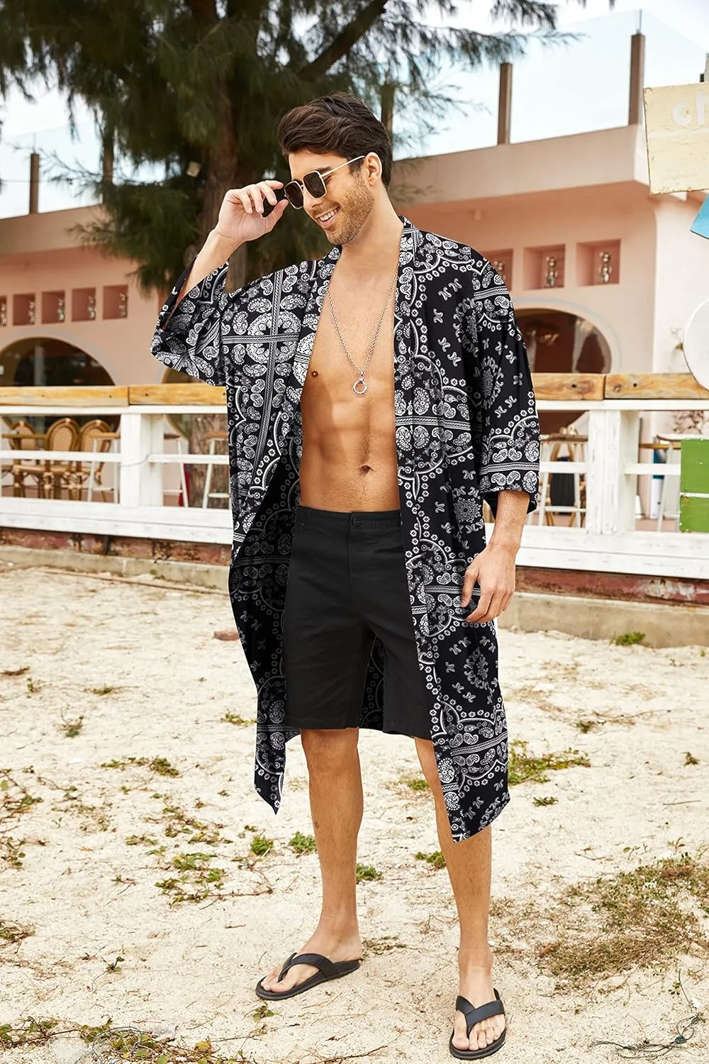 COOFANDY Men's Lightweight Kimono Robe Jacket Printed Japanese Style Bathrobes Casual Open Front Long Cardigan Coat Outwear