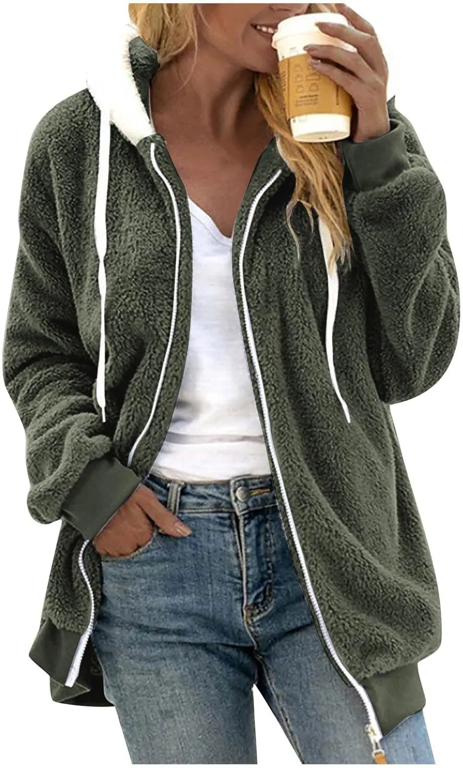 COTECRAM Jackets for Women Casual Plus Size Sherpa Fleece Winter Coats Full Zip Up Fuzzy Plush Sweater Hoodies Outerwear