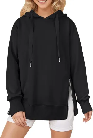 COTECRAM Women Oversized Hoodies Side Zipper Casual Sweatshirts Lightweight Tunic Pullover 2024 Fall Long Sleeve Shirts