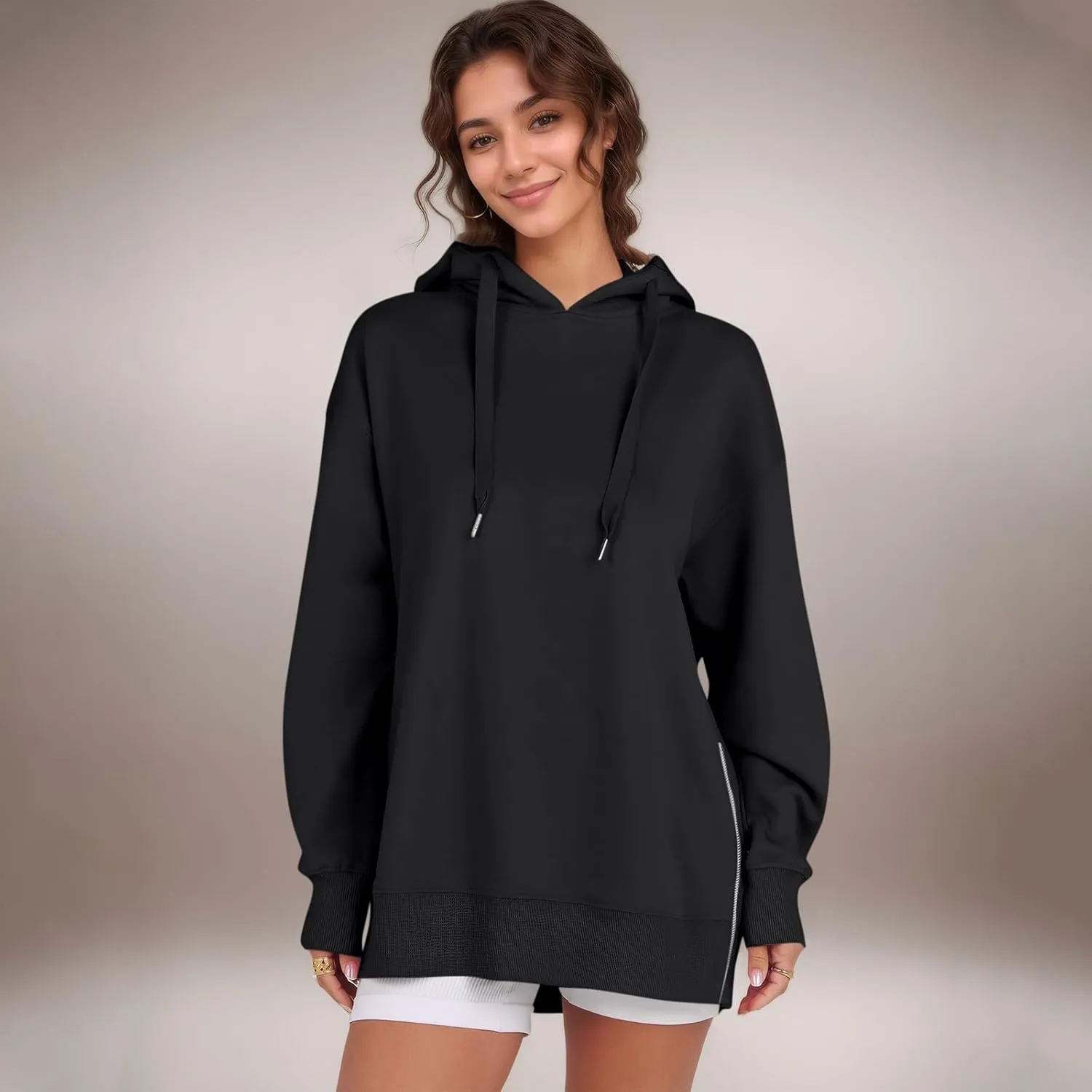 COTECRAM Women Oversized Hoodies Side Zipper Casual Sweatshirts Lightweight Tunic Pullover 2024 Fall Long Sleeve Shirts