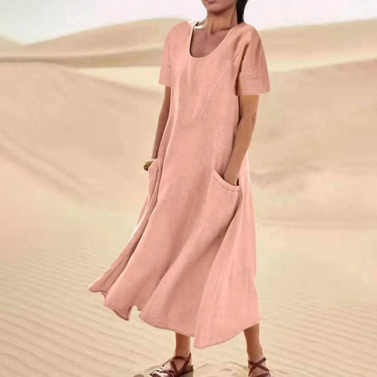 Cotton Linen Dress for Women Summer Short Sleeve Solid Sundress Casual Baggy Flowy Beach Maxi Dresses with Pockets