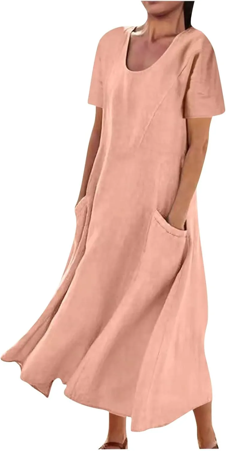 Cotton Linen Dress for Women Summer Short Sleeve Solid Sundress Casual Baggy Flowy Beach Maxi Dresses with Pockets