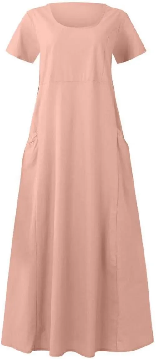 Cotton Linen Dress for Women Summer Short Sleeve Solid Sundress Casual Baggy Flowy Beach Maxi Dresses with Pockets