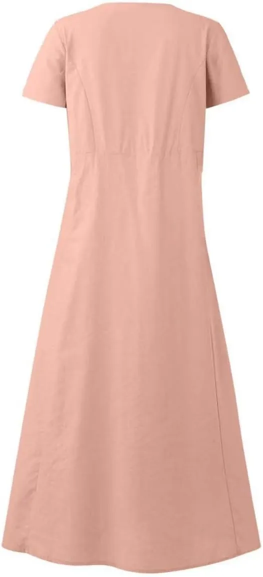 Cotton Linen Dress for Women Summer Short Sleeve Solid Sundress Casual Baggy Flowy Beach Maxi Dresses with Pockets