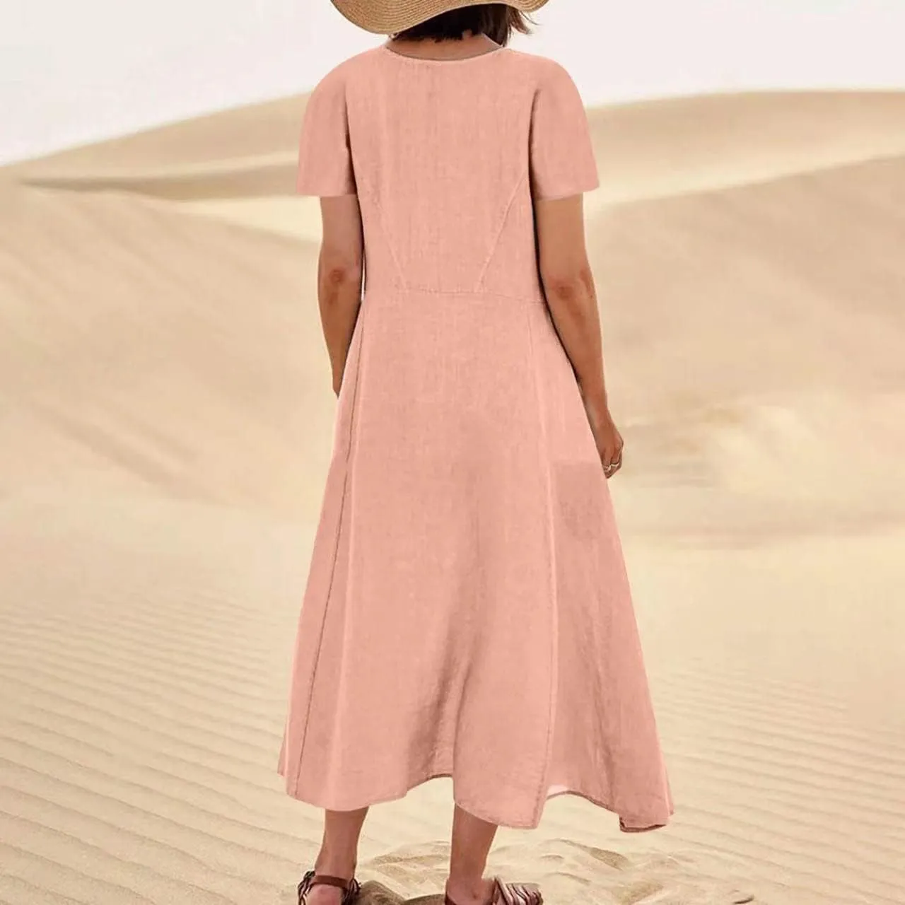 Cotton Linen Dress for Women Summer Short Sleeve Solid Sundress Casual Baggy Flowy Beach Maxi Dresses with Pockets
