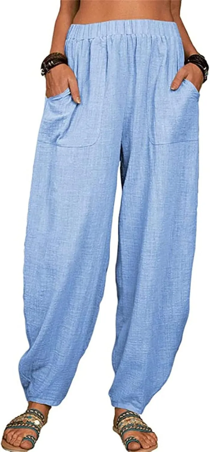 Cotton Linen Pants Womens Summer Harem Capris Pants Loose Fit Beach Yoga Pants High Elastic Waist Long Trousers with Pockets