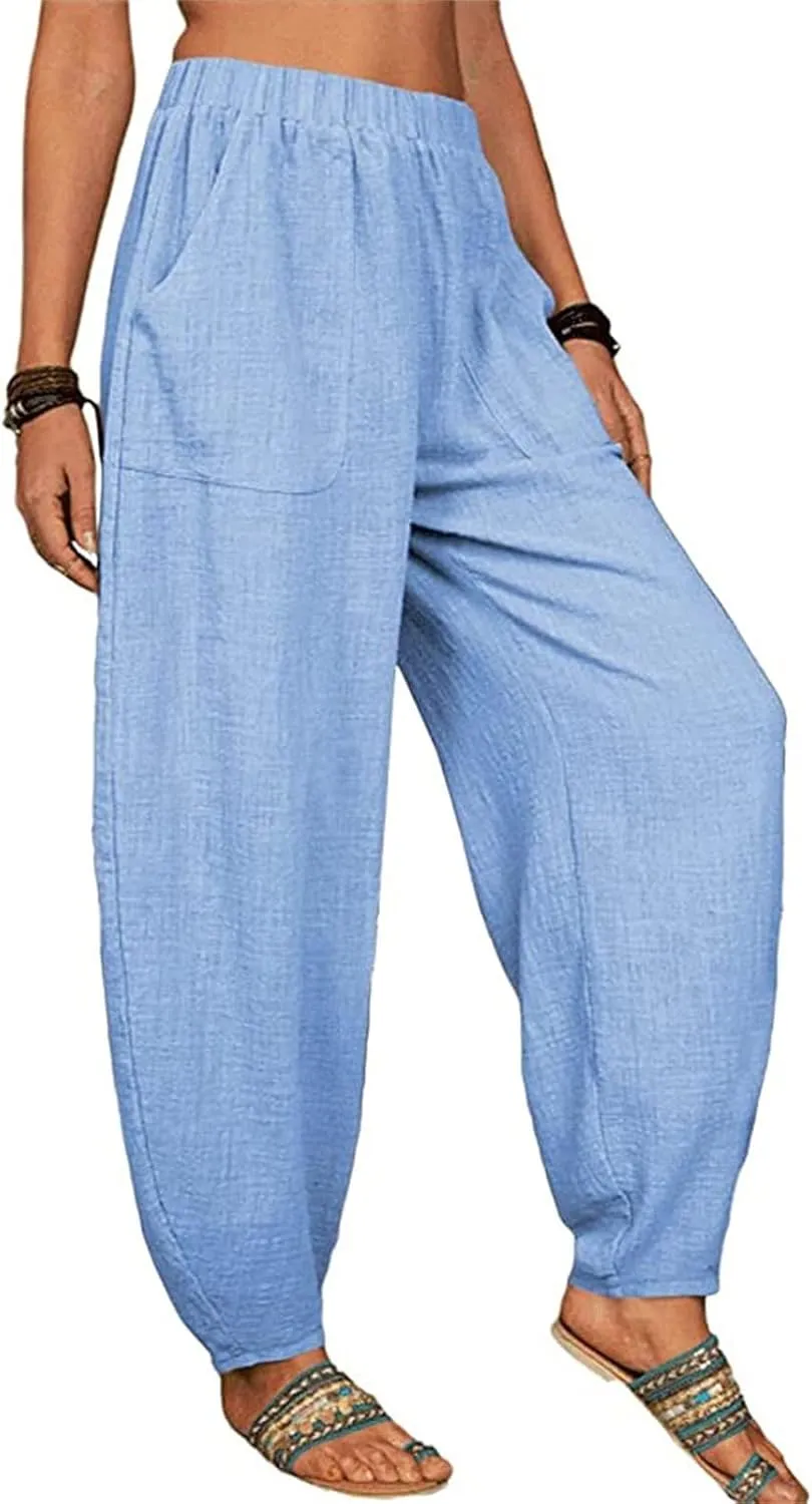 Cotton Linen Pants Womens Summer Harem Capris Pants Loose Fit Beach Yoga Pants High Elastic Waist Long Trousers with Pockets