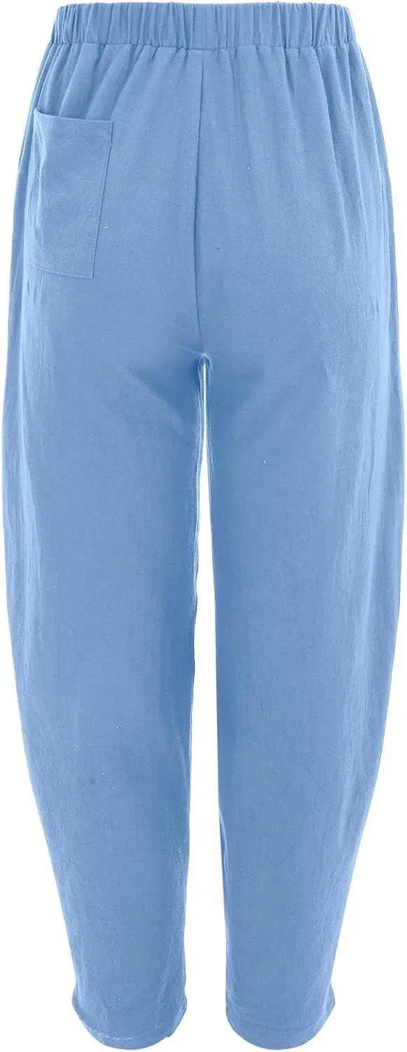 Cotton Linen Pants Womens Summer Harem Capris Pants Loose Fit Beach Yoga Pants High Elastic Waist Long Trousers with Pockets
