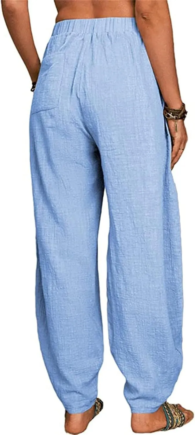 Cotton Linen Pants Womens Summer Harem Capris Pants Loose Fit Beach Yoga Pants High Elastic Waist Long Trousers with Pockets