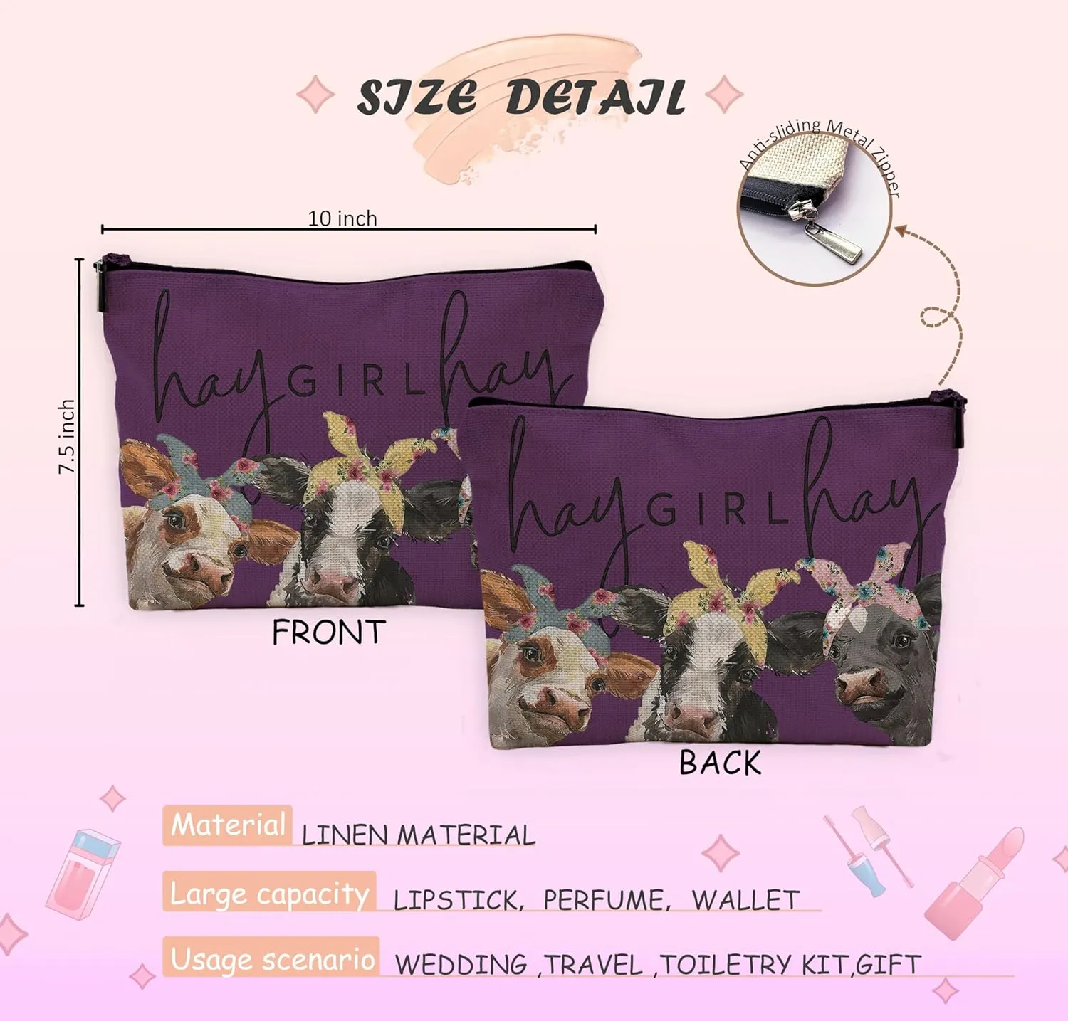 Cow Print Stuff, Western Makeup Bag - Purple Cosmetic Bag