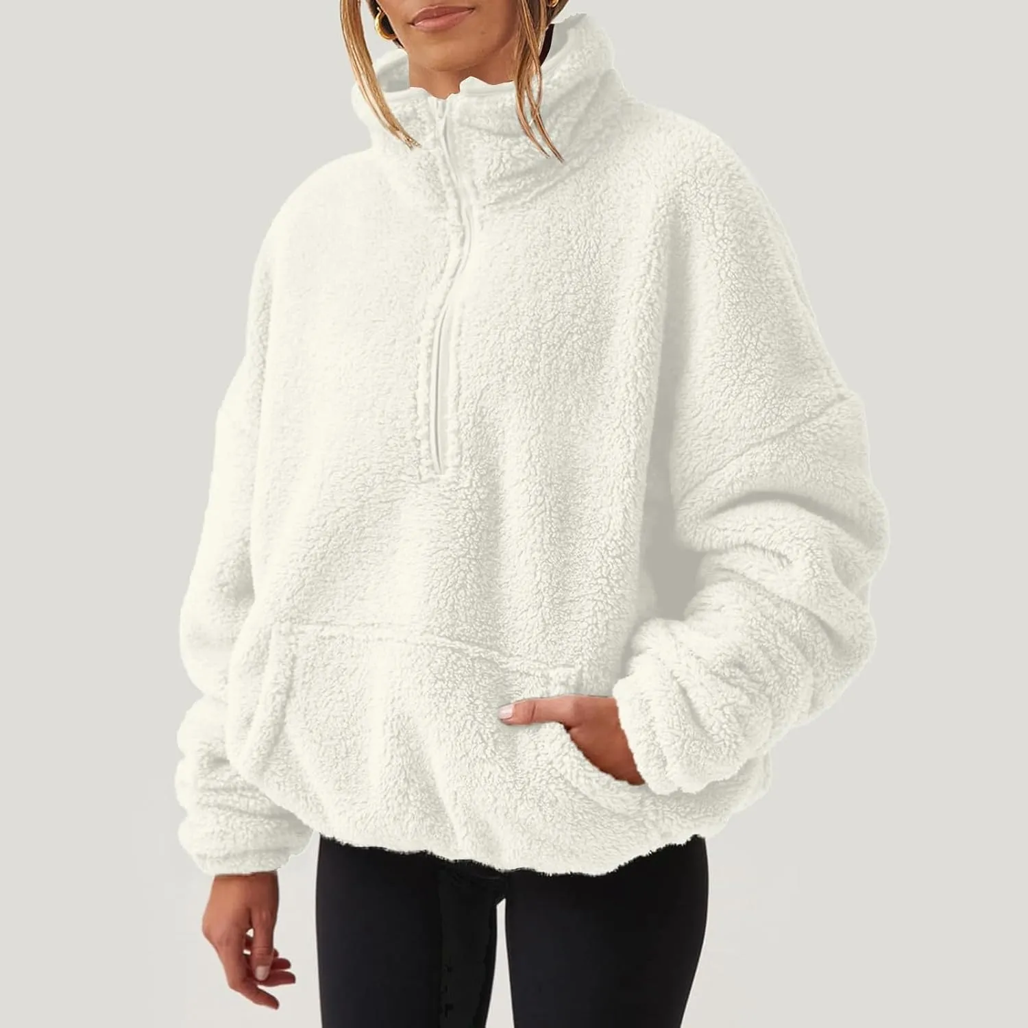 Cropped Half Zip Pullover Women Comfy Warm Sherpa Fleece Sweatshirt No Hood Quarter Zip Sweater with Pockets