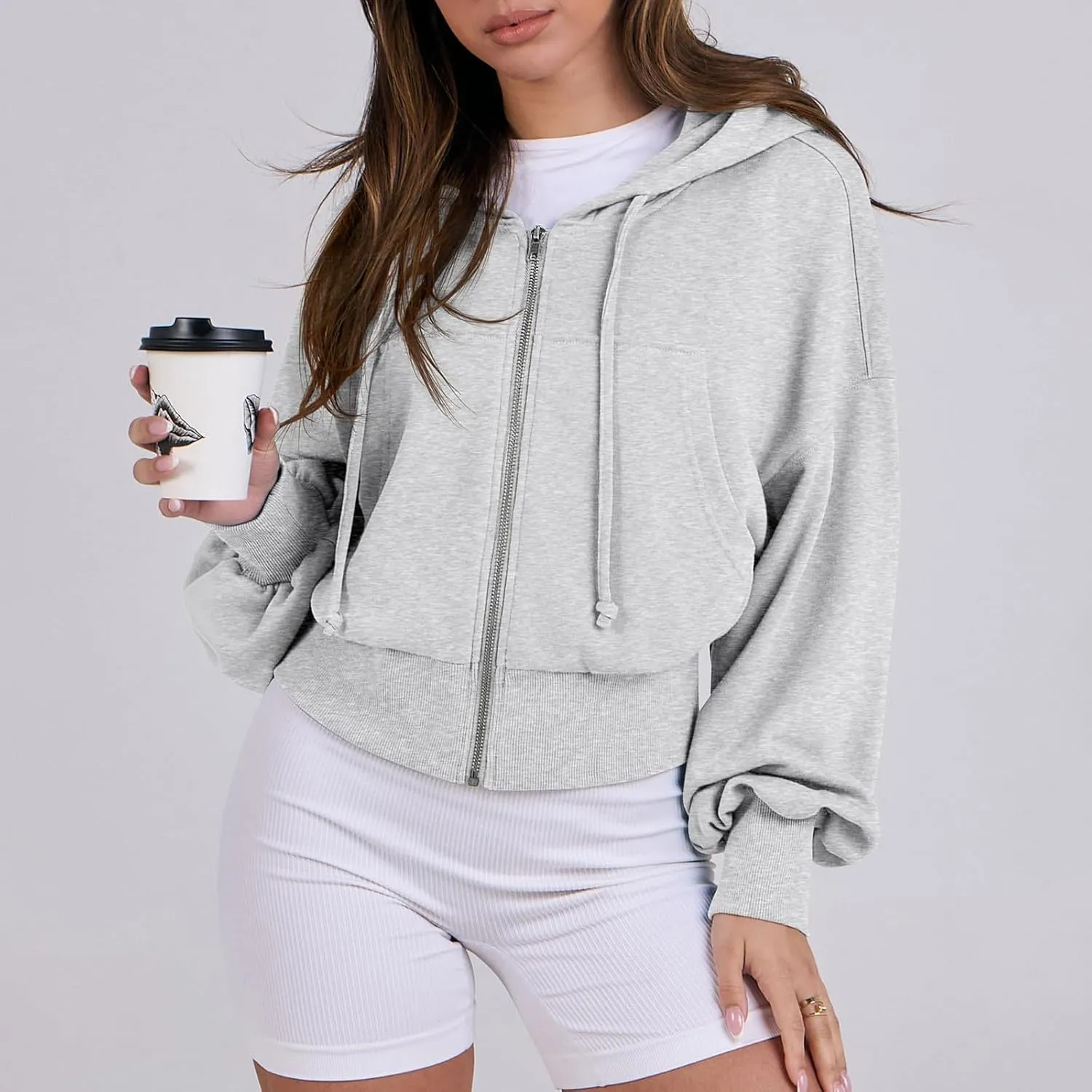 Cropped Zip Up Hoodie Women 2024 Trendy Fleece Crop Jacket Preppy Hooded Sweatshirt Y2k Cute Hoodies for Teen Girls