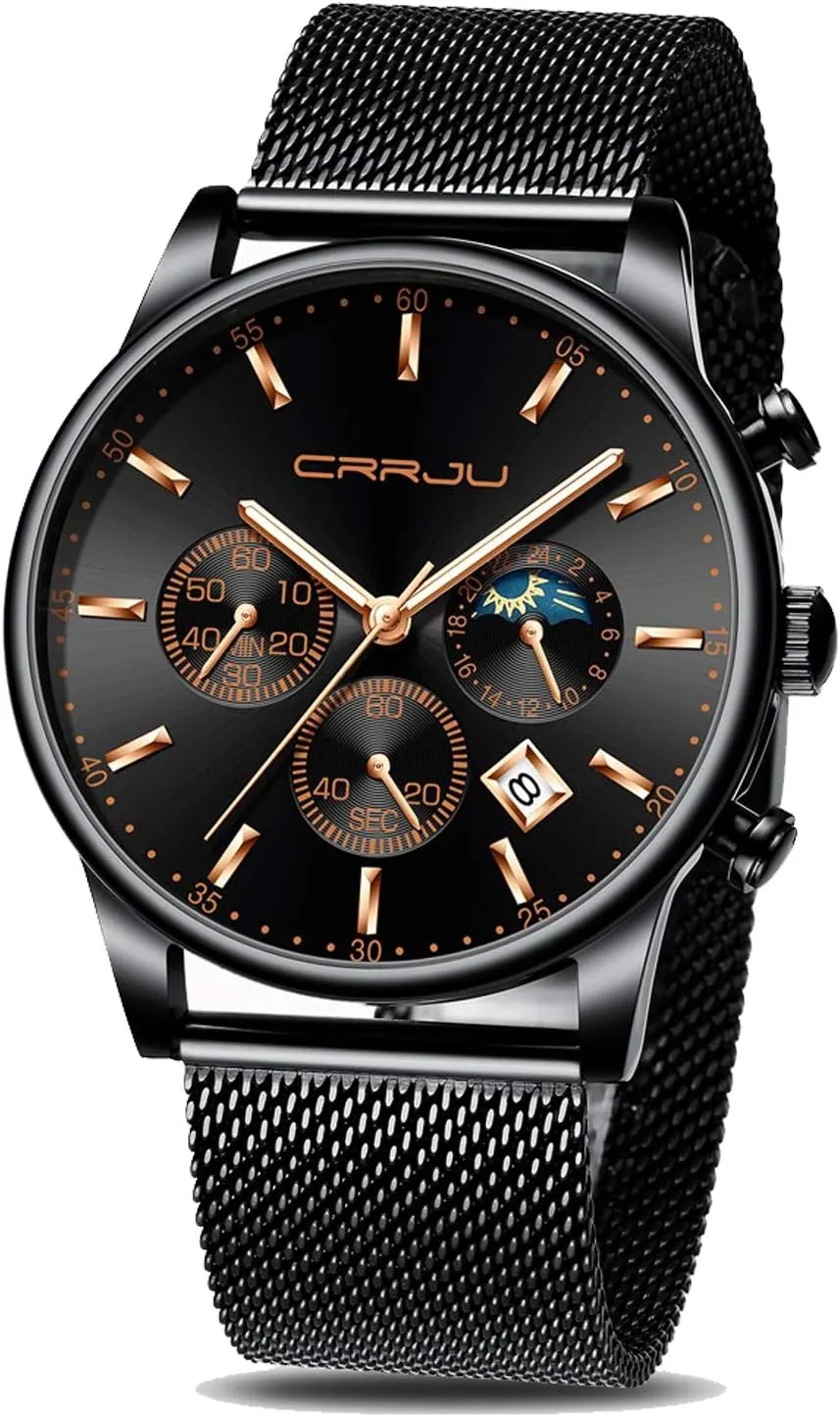 CRRJU Men's Fashion Casual Watches Auto Date Chronograph Watch Men Nice Work Watches Waterproof 30M Full Steel Quartz with Mesh Strap