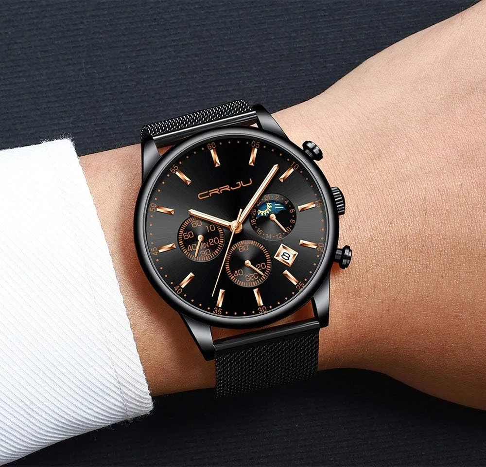CRRJU Men's Fashion Casual Watches Auto Date Chronograph Watch Men Nice Work Watches Waterproof 30M Full Steel Quartz with Mesh Strap