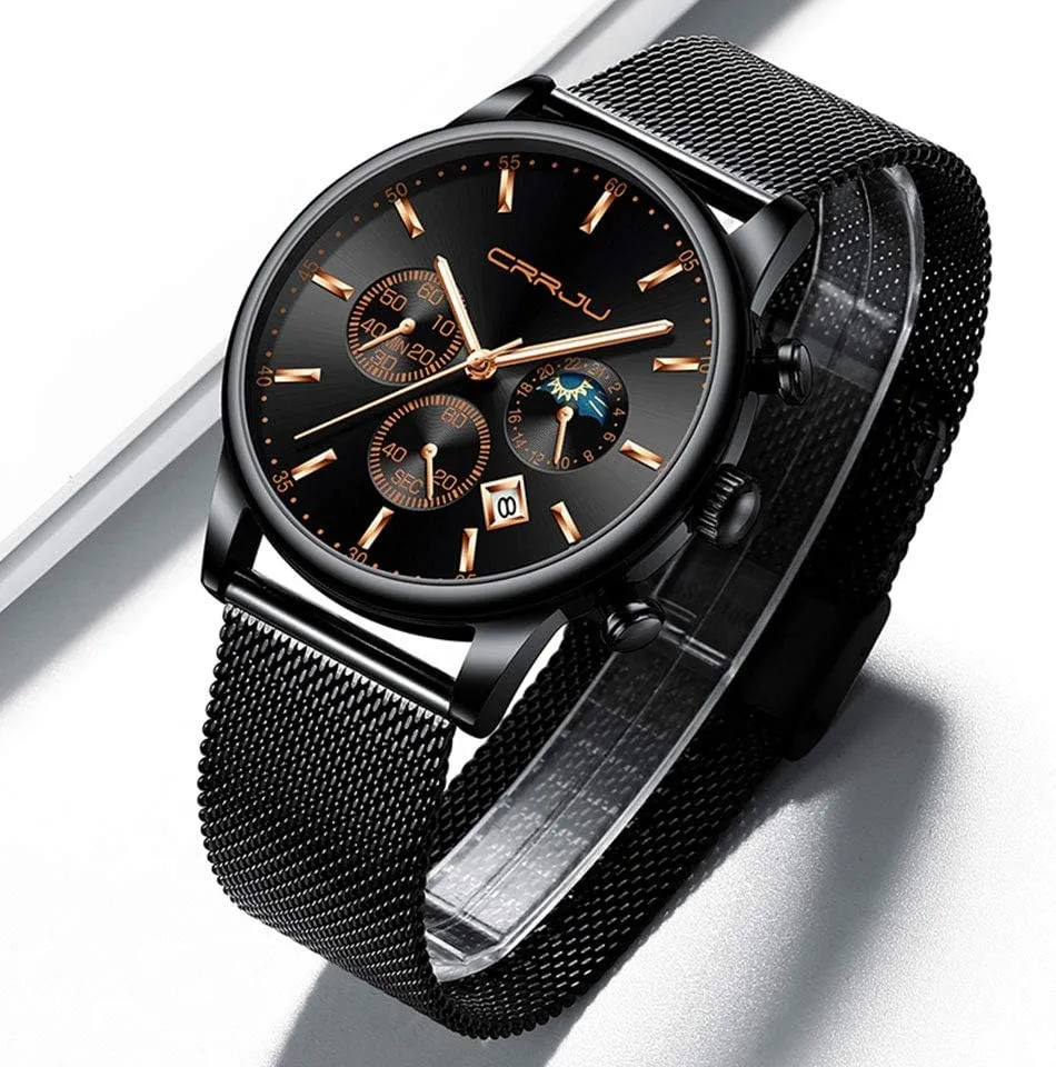 CRRJU Men's Fashion Casual Watches Auto Date Chronograph Watch Men Nice Work Watches Waterproof 30M Full Steel Quartz with Mesh Strap